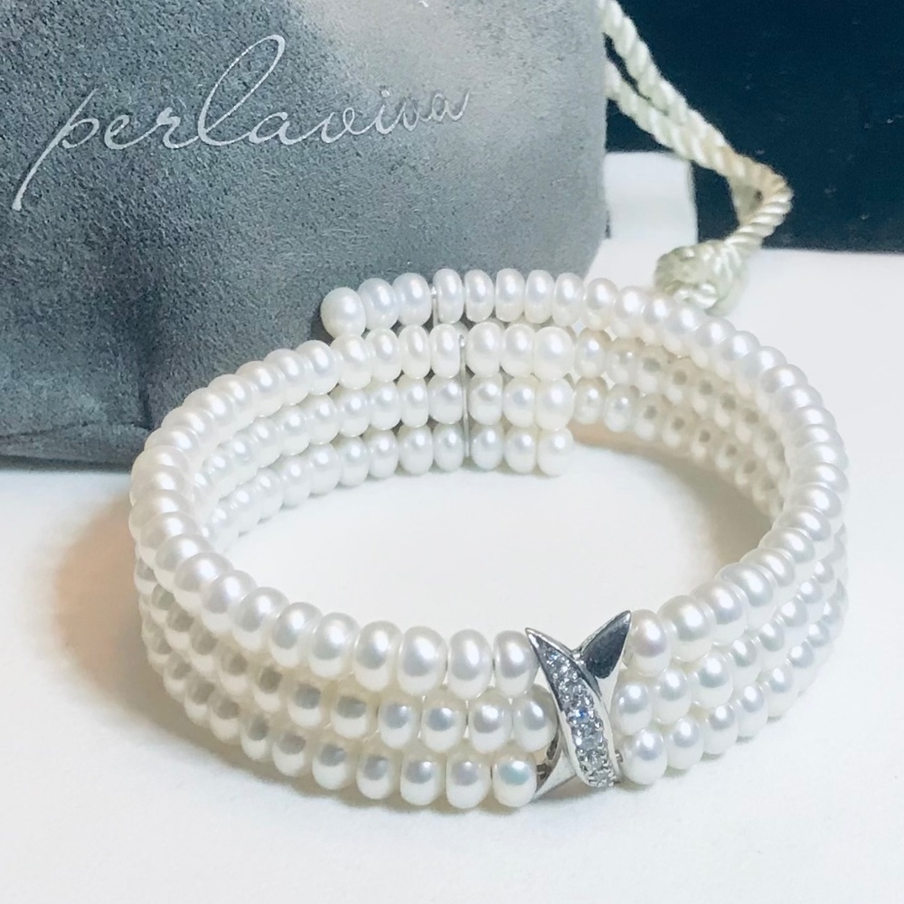 Perlaviva Genuine Freshwater Pearl 3-Row Coil X Bracelet